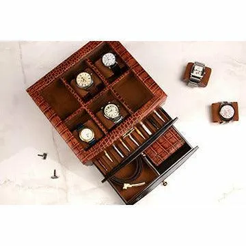 Men's Watch Box / Organizer | Genuine Leather Valet Box | 6 Watch Storage Box | Wrist Watch Case | Color: Tan