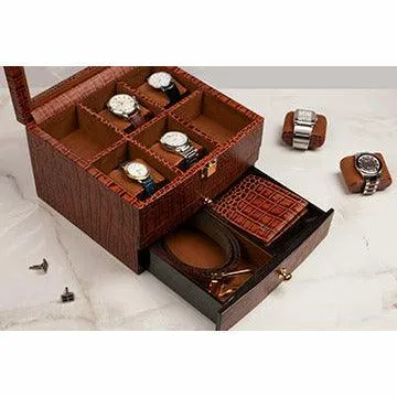 Men's Watch Box / Organizer | Genuine Leather Valet Box | 6 Watch Storage Box | Wrist Watch Case | Color: Tan