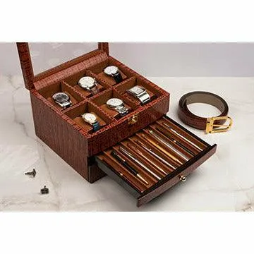 Men's Watch Box / Organizer | Genuine Leather Valet Box | 6 Watch Storage Box | Wrist Watch Case | Color: Tan