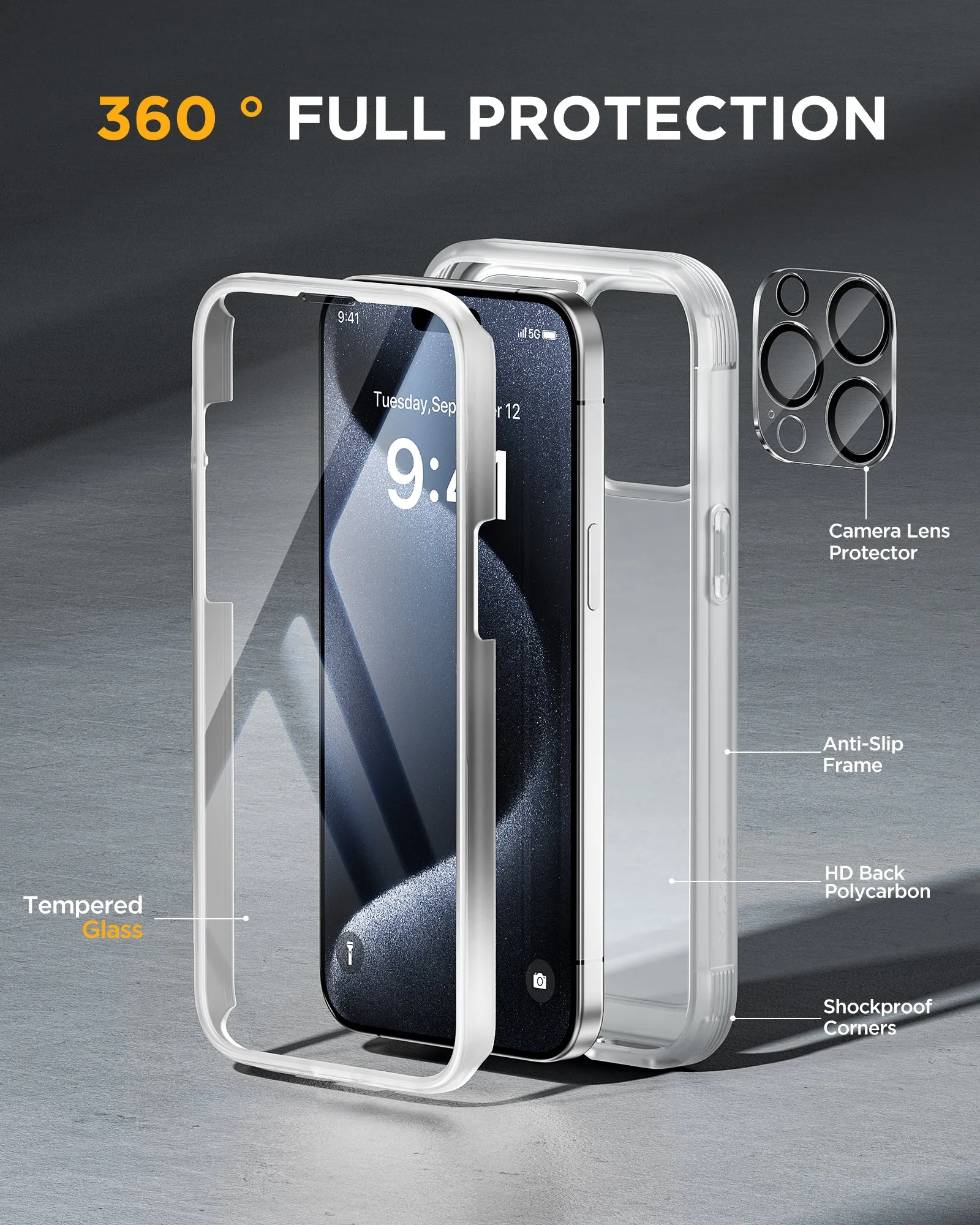 Miracase 360° Protection Case 9H Tempered Glass Phone Case for iPhone 15 Pro 6.1"