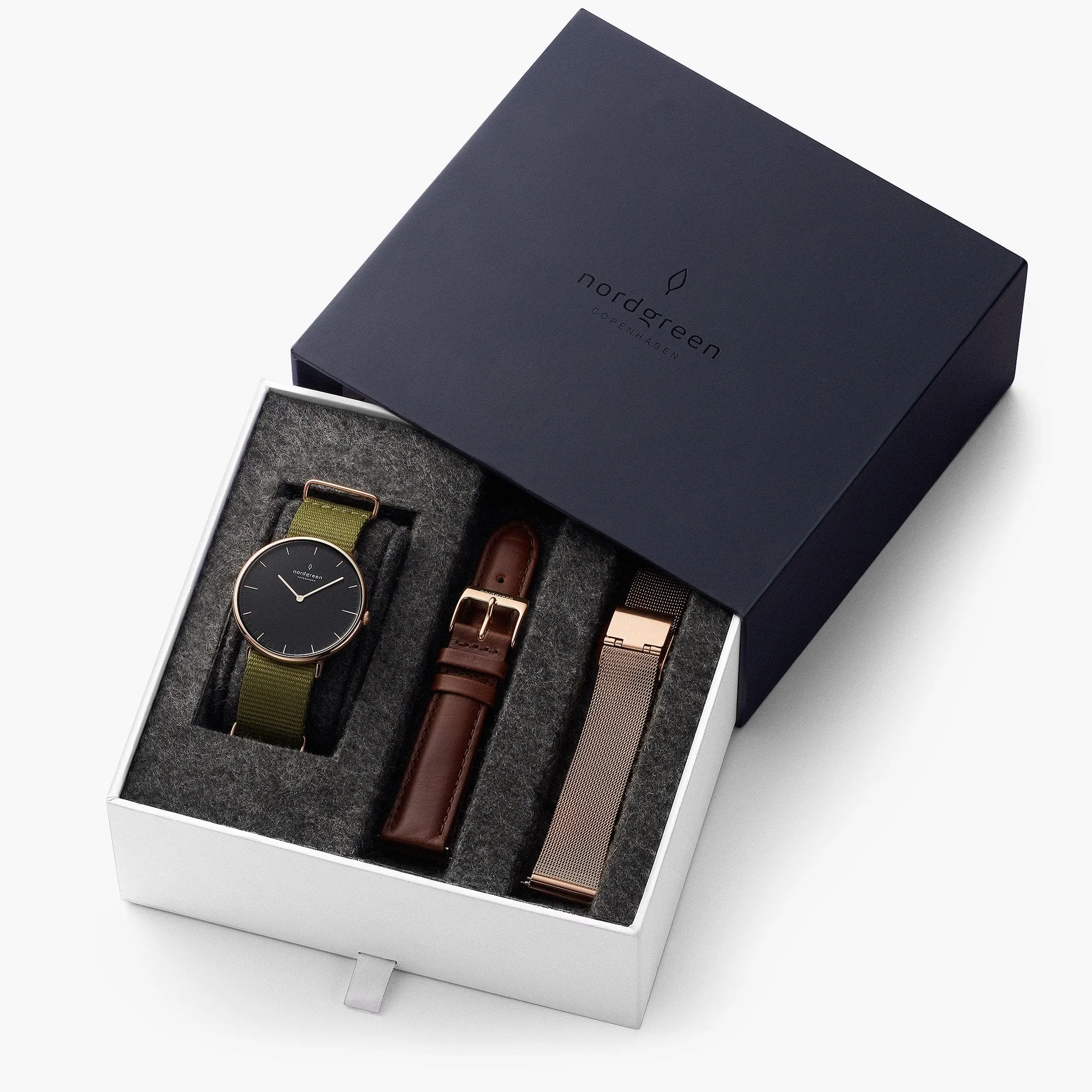 Native - BUNDLE Black Dial Rose Gold | Olive Green Nylon / Brown Leather / Rose Gold Mesh Strap