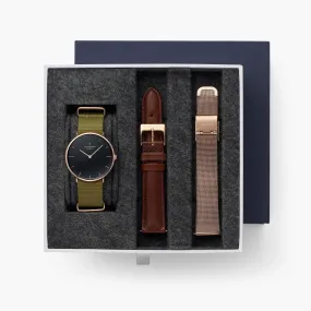 Native - BUNDLE Black Dial Rose Gold | Olive Green Nylon / Brown Leather / Rose Gold Mesh Strap