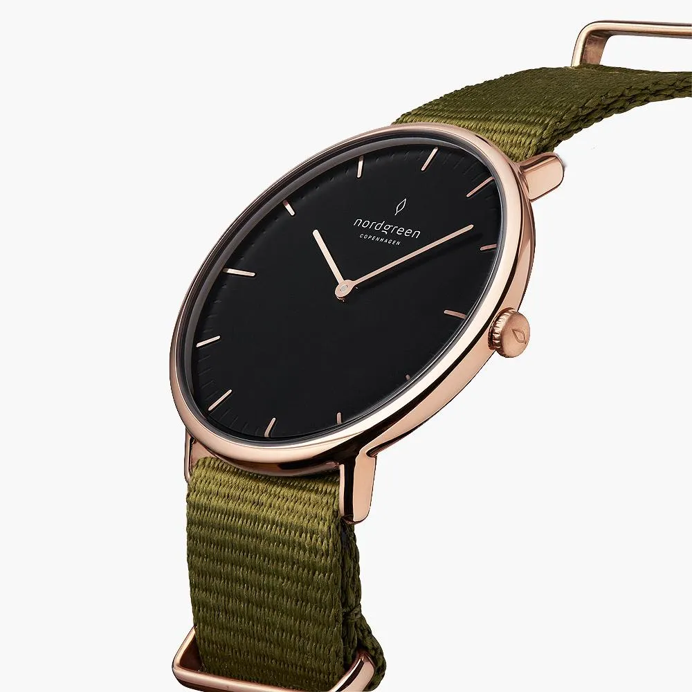 Native - BUNDLE Black Dial Rose Gold | Olive Green Nylon / Brown Leather / Rose Gold Mesh Strap