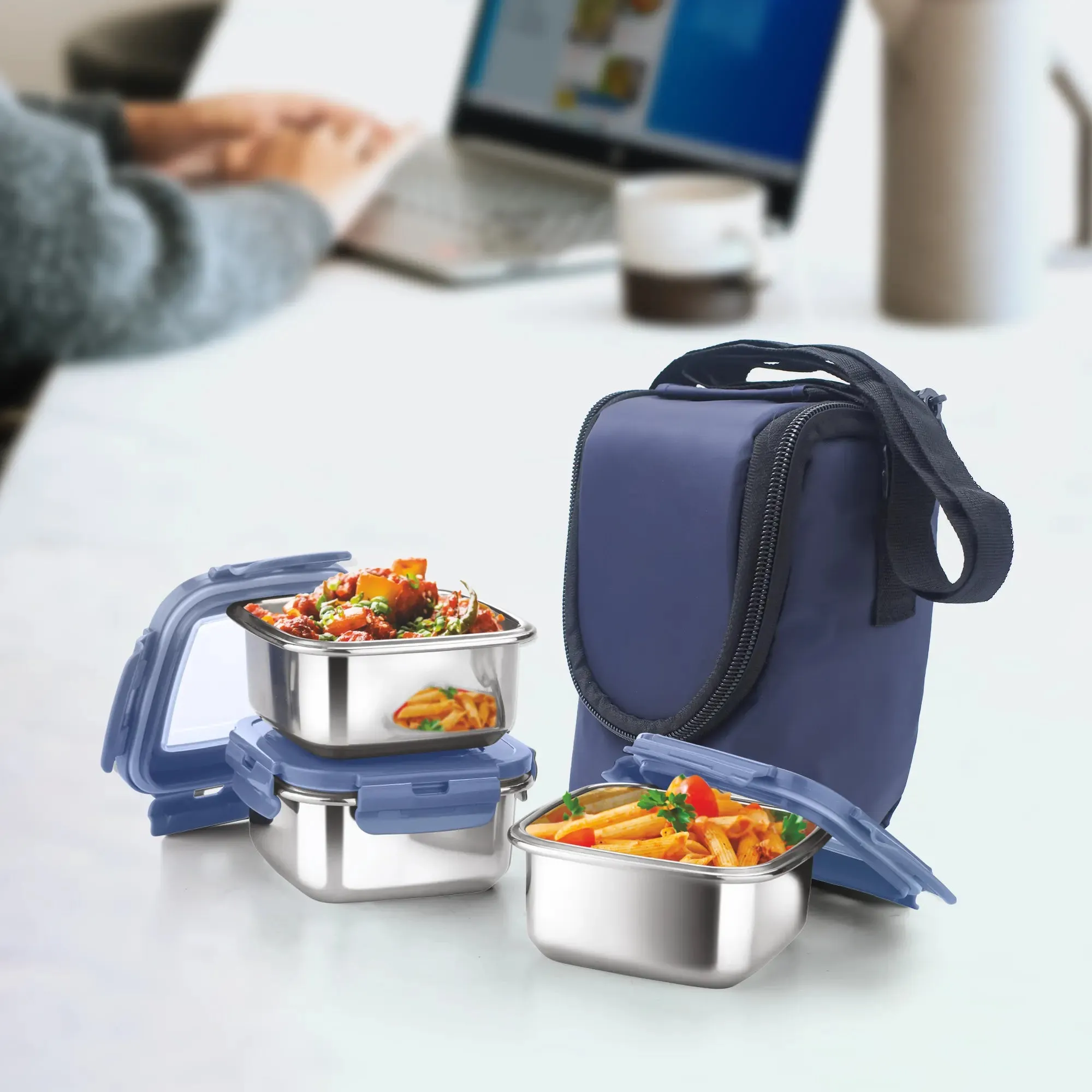 Nayasa Stainless Steel Eco Crunch 3 Containers Lunch Box With Fabric Bag, Blue