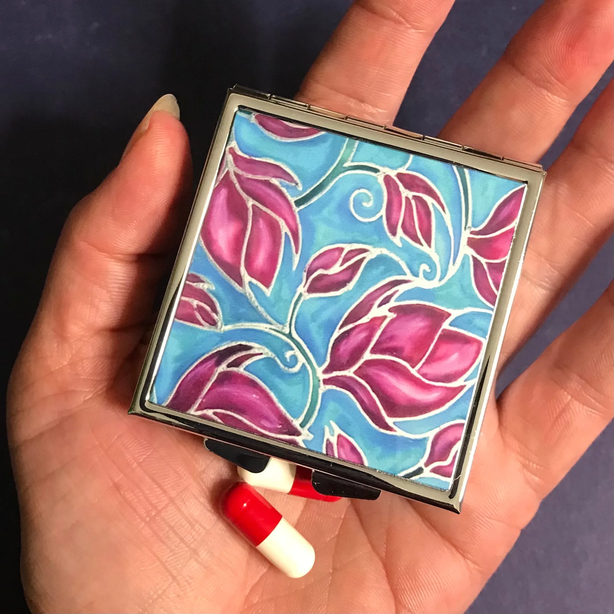 Pink Magnolias Large Pill Box - Stud Earing Jewellery Box