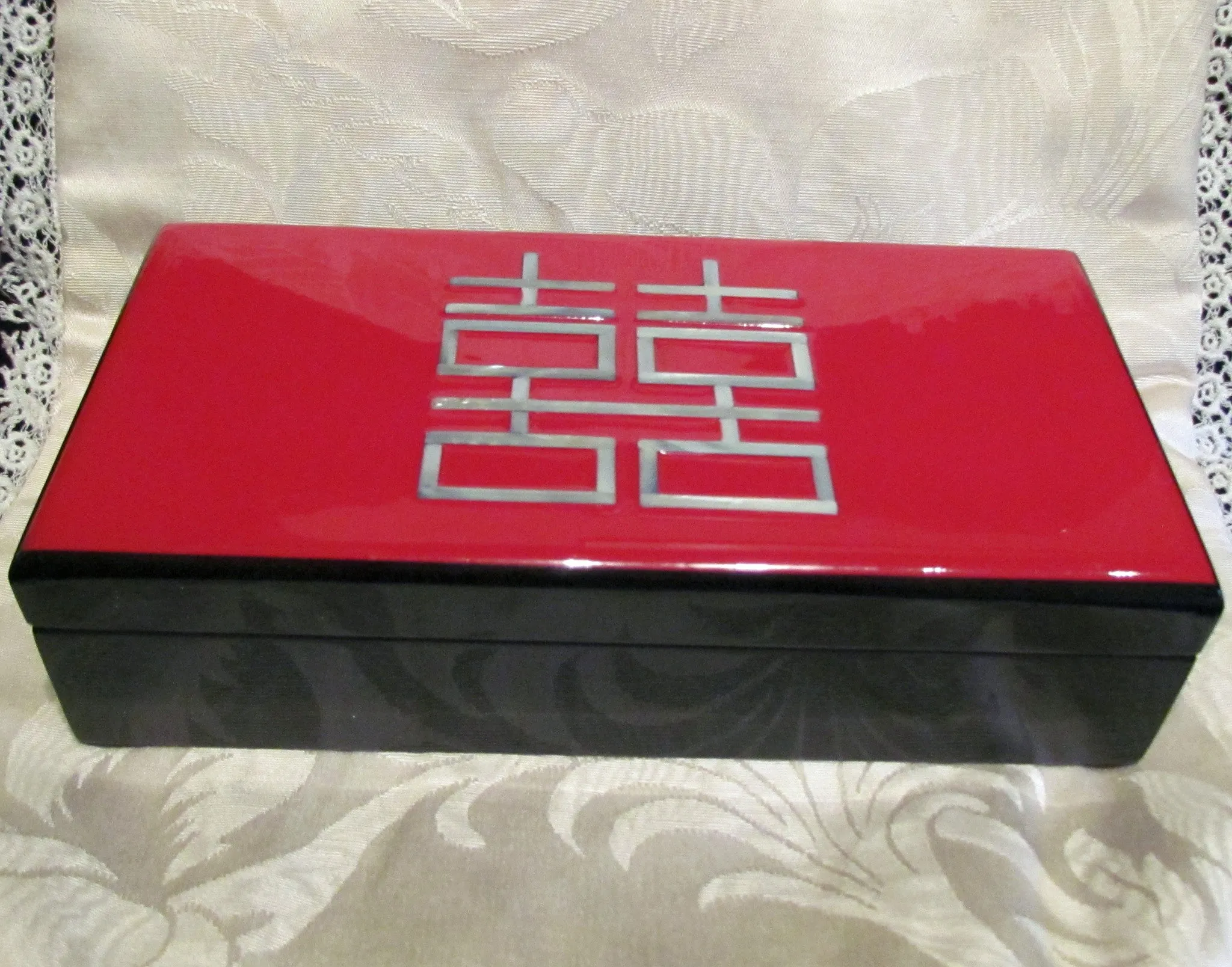 Red And Black Lacquer Jewelry Box Asian Enamel Mother Of Pearl Inlay Vanity Box Trinket Box