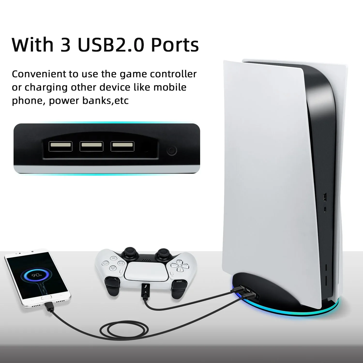 RGB Vertical Holder Stand with USB Hub for PS5 Console