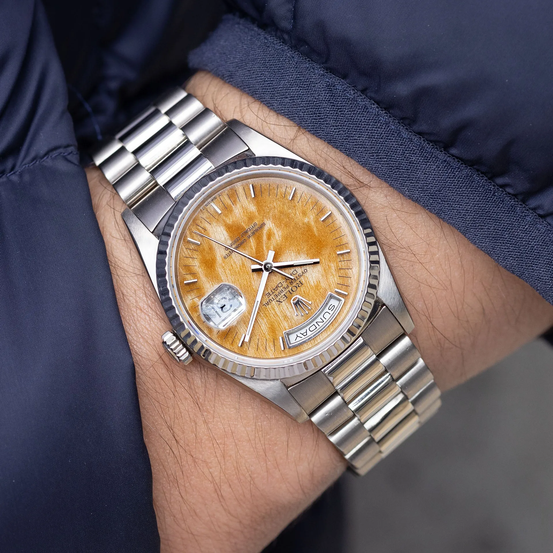 Rolex Day-Date 18239 White Gold Rare Birch Wood Dial with Papers