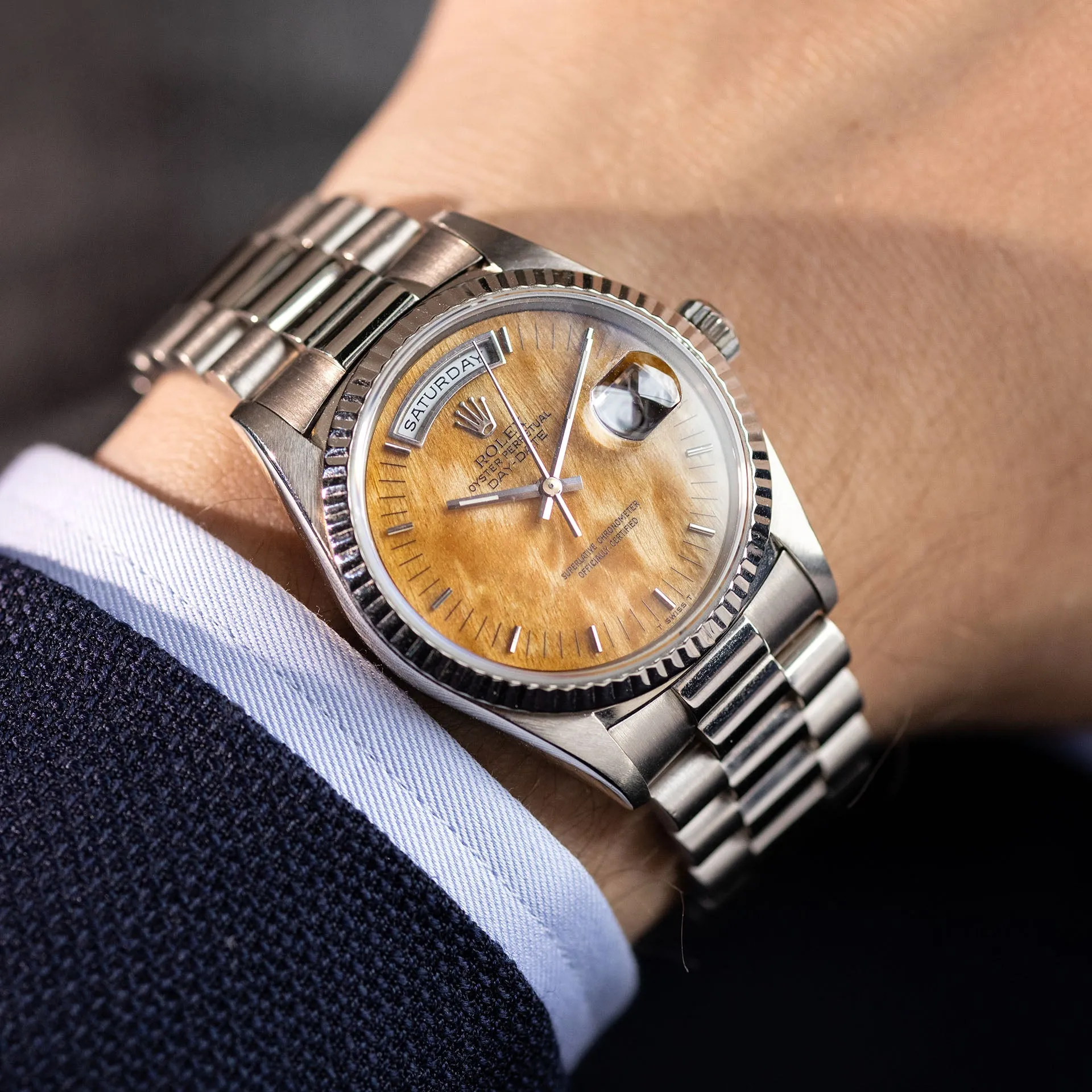 Rolex Day-Date 18239 White Gold Rare Birch Wood Dial with Papers