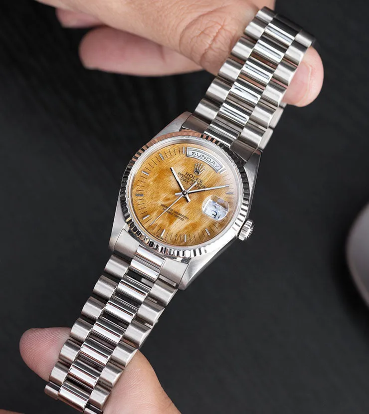 Rolex Day-Date 18239 White Gold Rare Birch Wood Dial with Papers