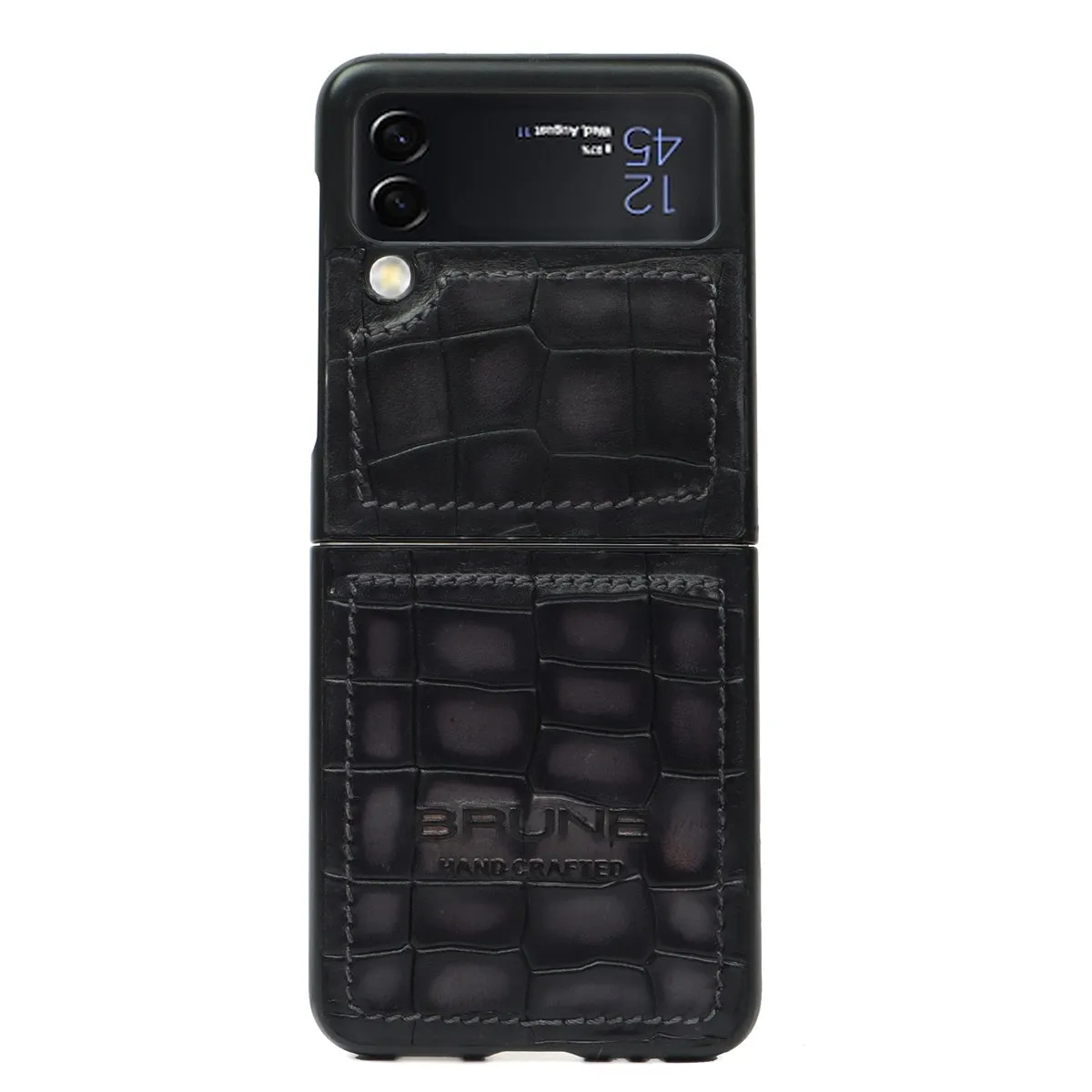 Samsung Galaxy Flip Series Grey Deep Croco Textured Leather Mobile Cover by Brune & Bareskin