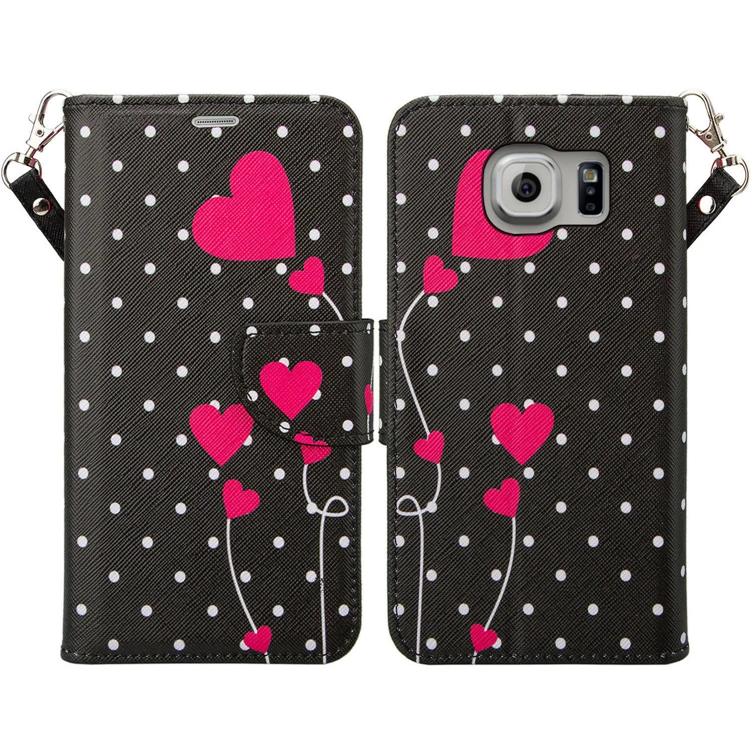 Samsung Galaxy S7 Wallet Case, Wrist Strap Pu Leather Magnetic Flip Fold[Kickstand] with ID & Card Slots for Galaxy S7 - Polka Dots Hearts