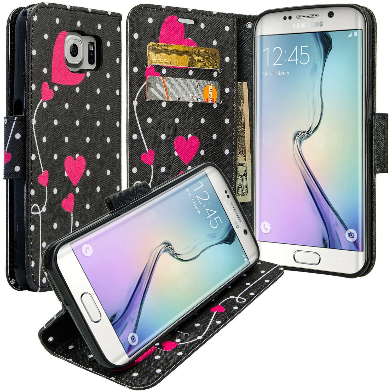 Samsung Galaxy S7 Wallet Case, Wrist Strap Pu Leather Magnetic Flip Fold[Kickstand] with ID & Card Slots for Galaxy S7 - Polka Dots Hearts