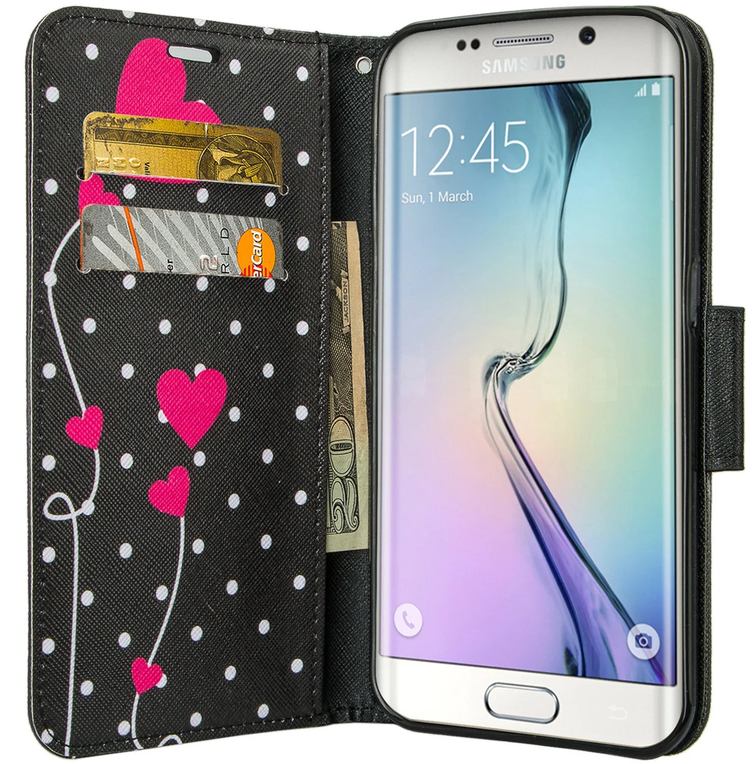 Samsung Galaxy S7 Wallet Case, Wrist Strap Pu Leather Magnetic Flip Fold[Kickstand] with ID & Card Slots for Galaxy S7 - Polka Dots Hearts