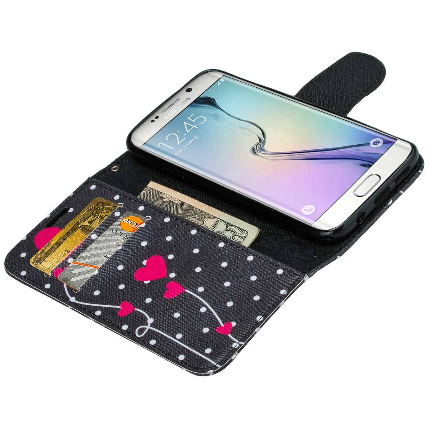 Samsung Galaxy S7 Wallet Case, Wrist Strap Pu Leather Magnetic Flip Fold[Kickstand] with ID & Card Slots for Galaxy S7 - Polka Dots Hearts