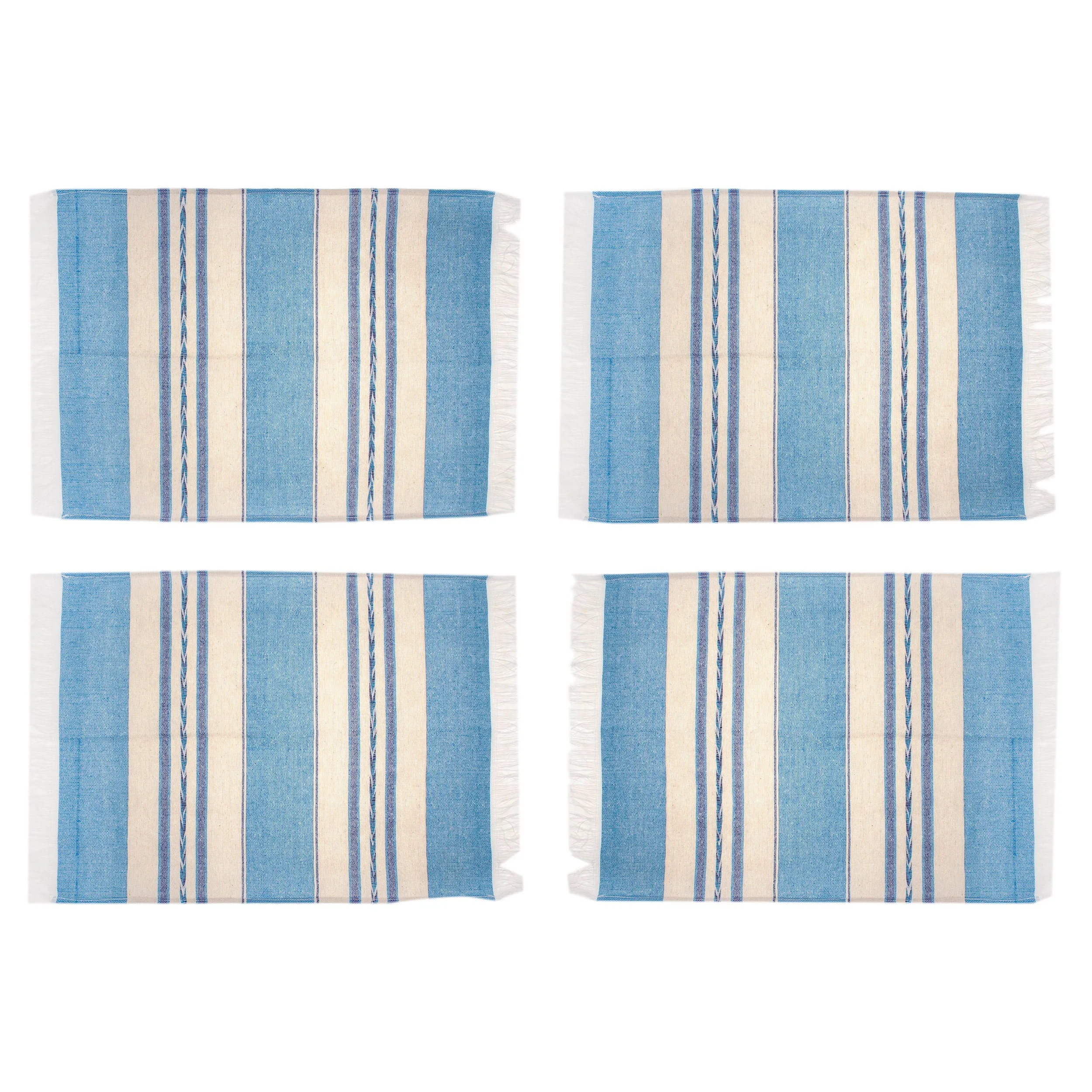 Set of 4 Hand Woven Cotton Blue and Beige Zapotec Placemats - Oaxaca Sky | NOVICA