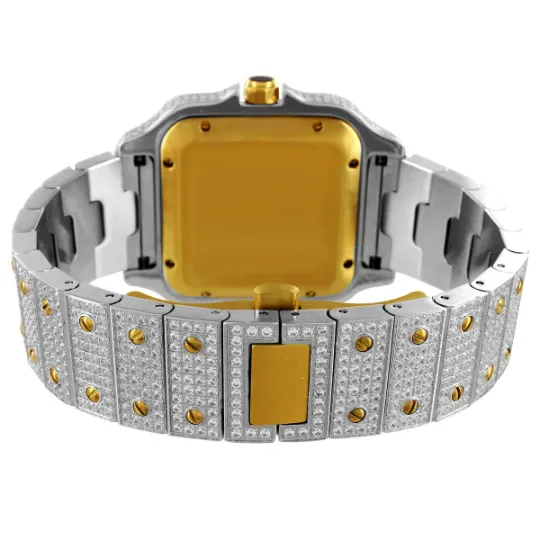 Stainless Steel Moissanite Two Tone Yellow Gold Mens Watch