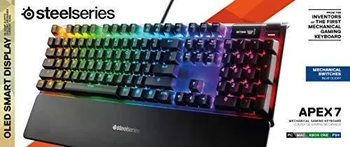 SteelSeries Apex 7 Mechanical Gaming Keyboard – OLED Smart Display – USB Passthrough and Media Controls – Tactile and Clicky – RGB Backlit (Blue Switch)