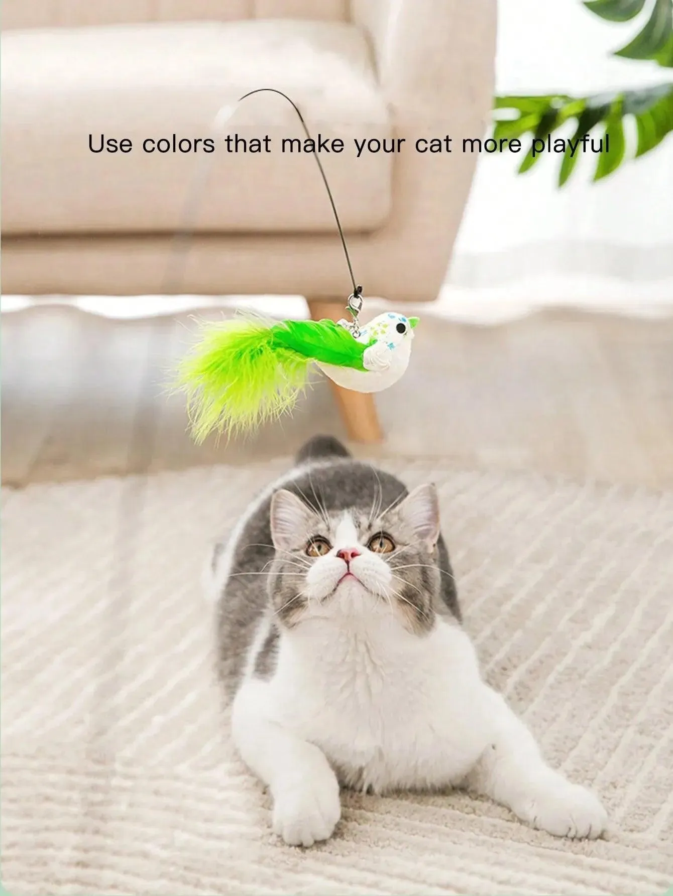 Suction Wand Cat Toy with Feathered Bird & Long Rod