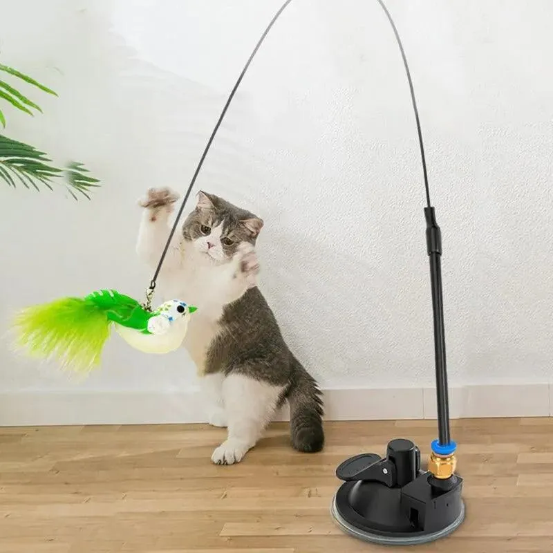 Suction Wand Cat Toy with Feathered Bird & Long Rod