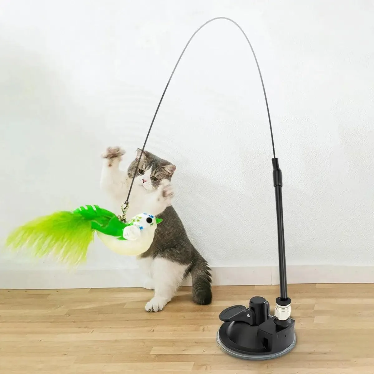 Suction Wand Cat Toy with Feathered Bird & Long Rod