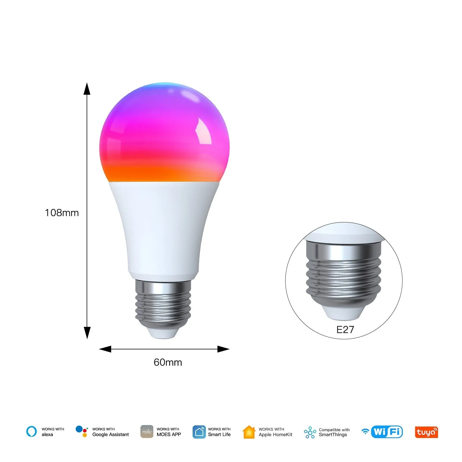 Tuya Matter WiFi Smart LED E27 Dimmable Light Bulbs RGB 2700K-6500K W C