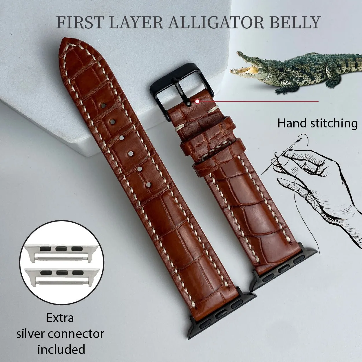 White Hand Stitching Light Brown Alligator Leather Strap for Apple Watch Ultra Series 8 7 6 5 4 3 SE | AW-157