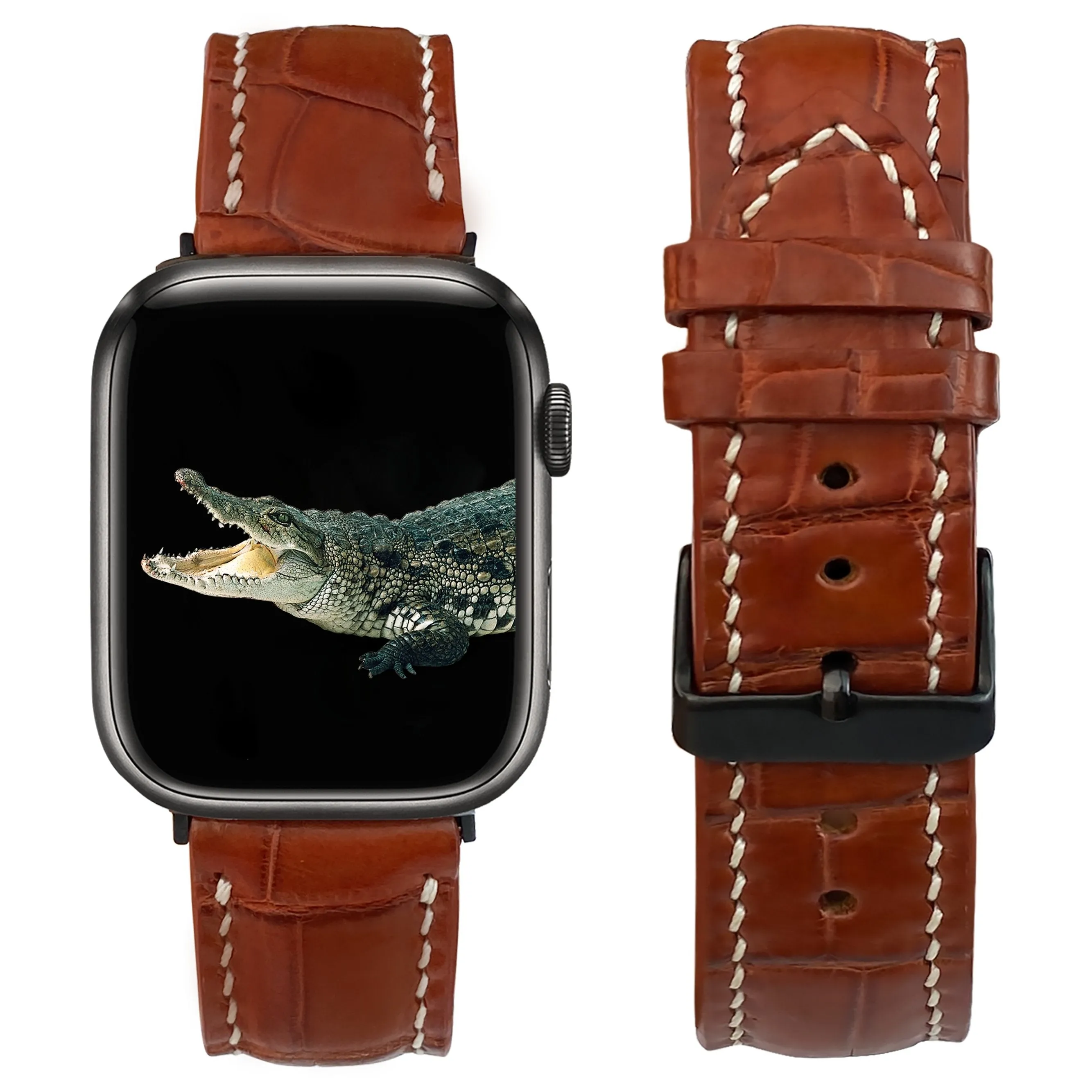 White Hand Stitching Light Brown Alligator Leather Strap for Apple Watch Ultra Series 8 7 6 5 4 3 SE | AW-157