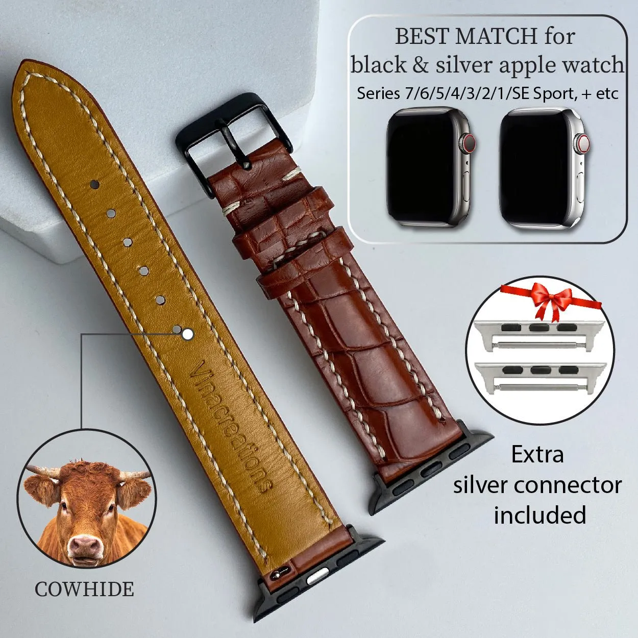 White Hand Stitching Light Brown Alligator Leather Strap for Apple Watch Ultra Series 8 7 6 5 4 3 SE | AW-157