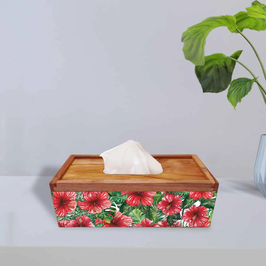 Wooden Designer Tissue Paper Holder for Bathroom - Hibiscus