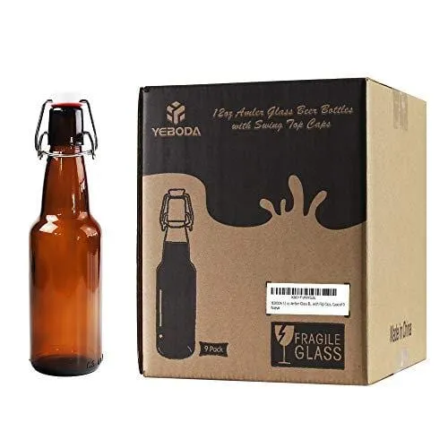 YEBODA 12 oz Amber Glass Beer Bottles for Home Brewing with Flip Caps, Case of 9