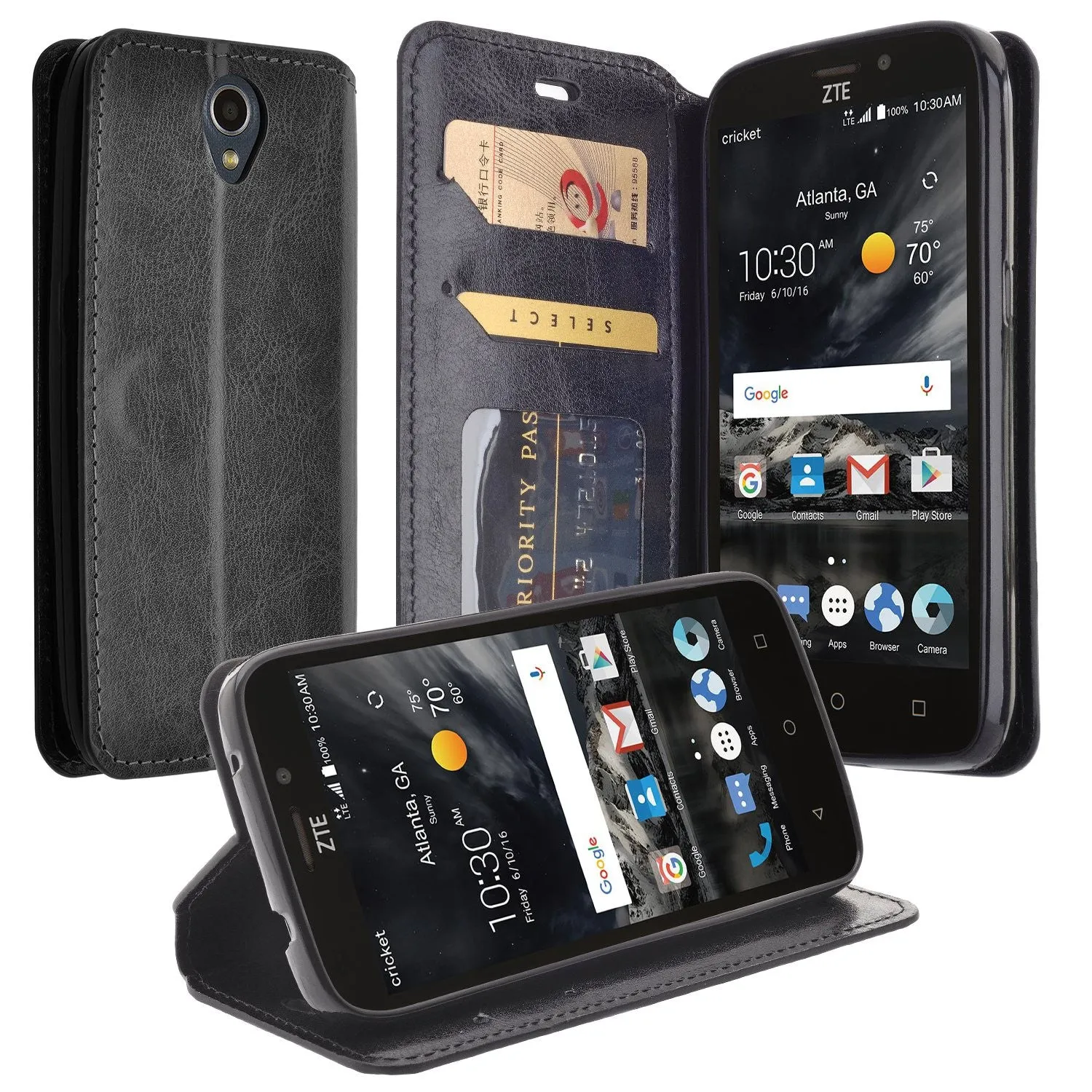 ZTE Prestige 2, Overture 3, Maven 3, Prelude Plus, ZTE 9136, Midnight Pro, Leather Magnetic Flip Fold[Kickstand] Wallet Case with Card Slots - Black