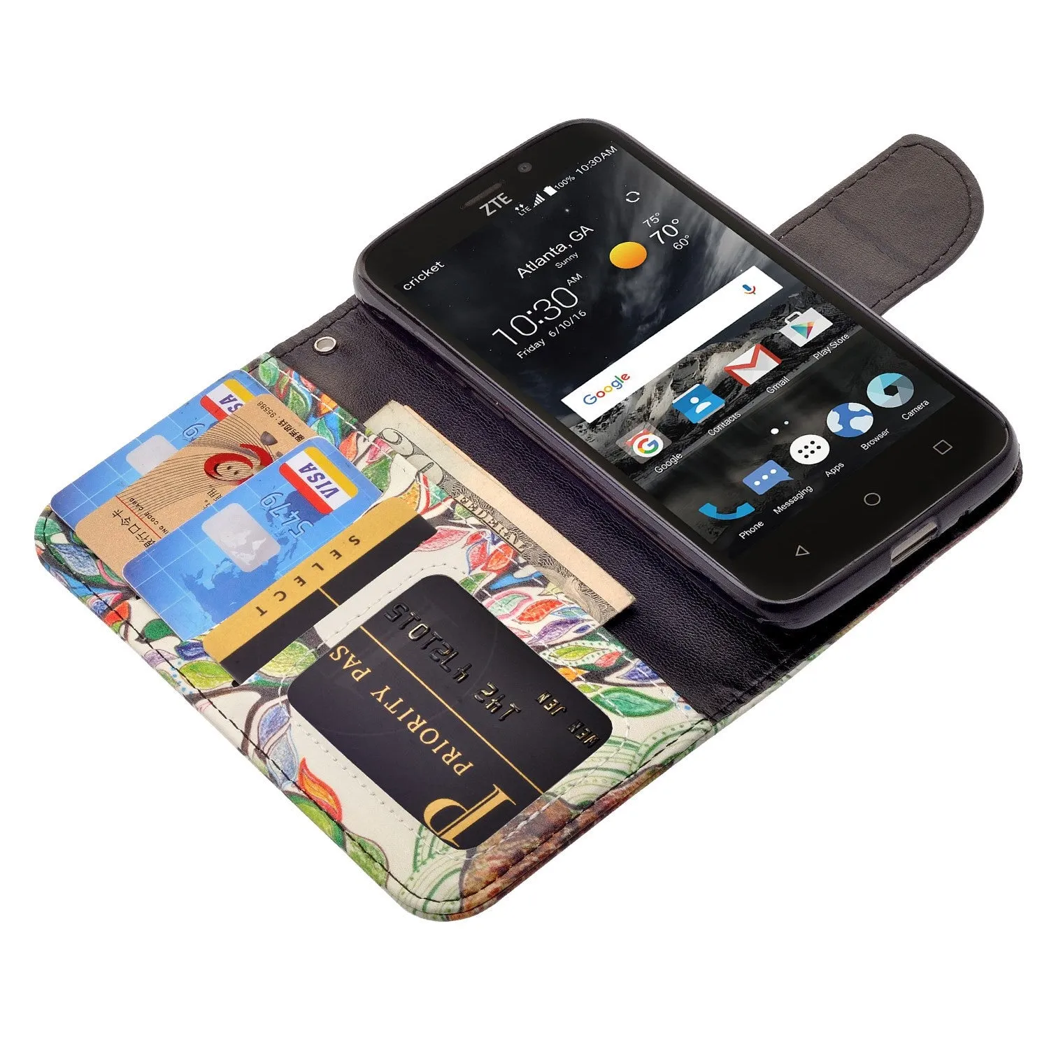 ZTE Prestige 2, Overture 3, Maven 3, Prelude Plus, ZTE 9136, Midnight Pro, Pu Leather Magnetic Flip Fold[Kickstand] Wrist Strap Wallet Case with Card Slots - Vibrant Tree