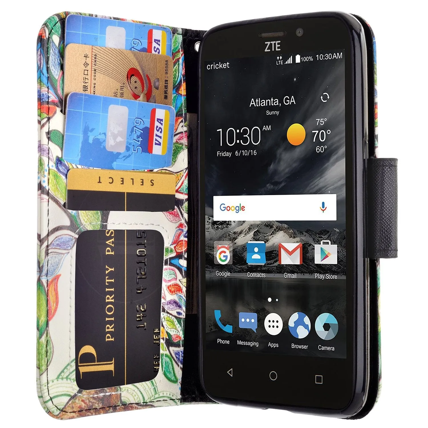 ZTE Prestige 2, Overture 3, Maven 3, Prelude Plus, ZTE 9136, Midnight Pro, Pu Leather Magnetic Flip Fold[Kickstand] Wrist Strap Wallet Case with Card Slots - Vibrant Tree