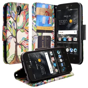 ZTE Prestige 2, Overture 3, Maven 3, Prelude Plus, ZTE 9136, Midnight Pro, Pu Leather Magnetic Flip Fold[Kickstand] Wrist Strap Wallet Case with Card Slots - Vibrant Tree