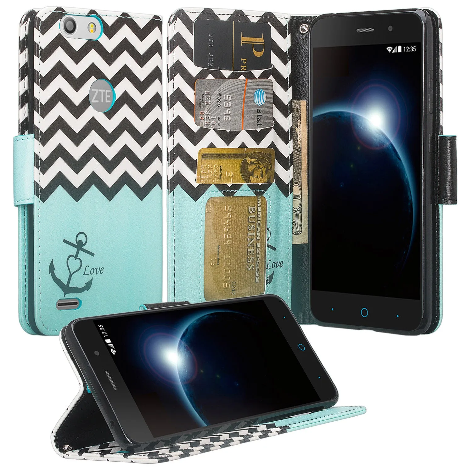 ZTE Sequoia | Blade Z Max | ZTE Z982 Case, Wrist Strap Pu Leather Magnetic Flip[Kickstand] Wallet Case Cover with ID & Card Slots - Teal Anchor