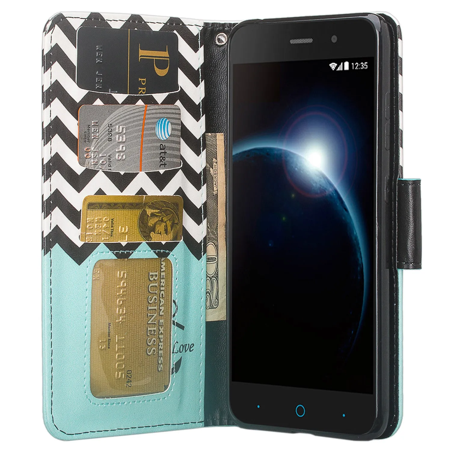 ZTE Sequoia | Blade Z Max | ZTE Z982 Case, Wrist Strap Pu Leather Magnetic Flip[Kickstand] Wallet Case Cover with ID & Card Slots - Teal Anchor